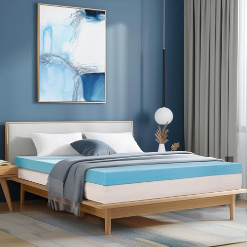 SUBRTEX 4 Inch Memory Foam Mattress Topper Ventilated Gel Infused Bed Foam Topper for Pressure Relieving, CertiPUR-US Certified, King, Blue