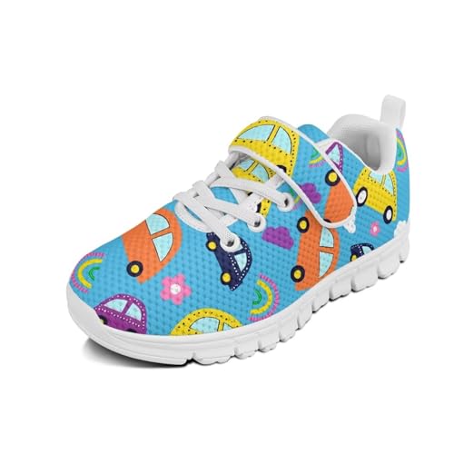 Boys Girls Sneakers Kids Lightweight Breathable Strap Athletic Running Shoes for Little Kid/Big Kid White Sole Cartoon Car Pattern