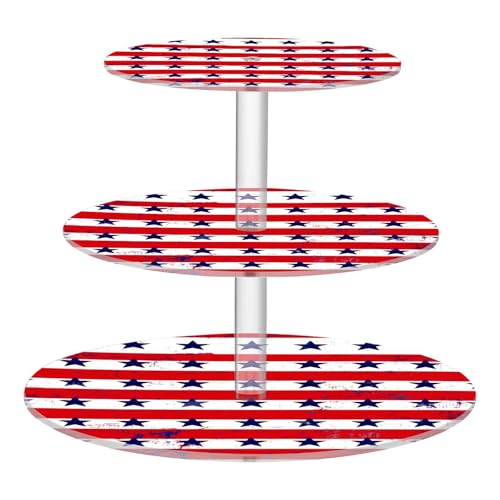 STAYTOP 3-Tier Cupcake Stand,Independence Day Stripe Star Cake Stand Holder, Tiered DIY Cupcake Stand Tower for Dessert Table Displays,Birthday,Weddings, Parties Events