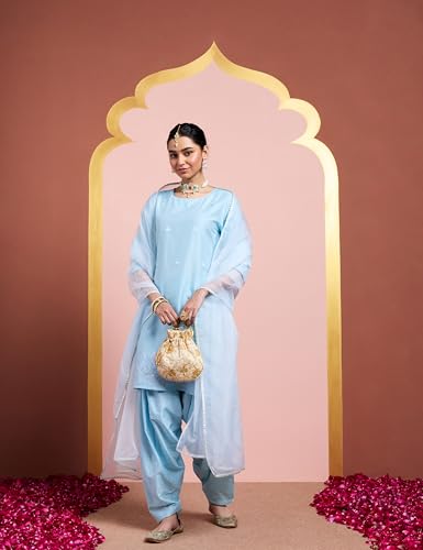 Image of Amazon Brand - Myx Women's Straight Embroidered Farsi Kurta Set with Organza Dupatta | Dhoti Pants (Available in Plus Sizes)