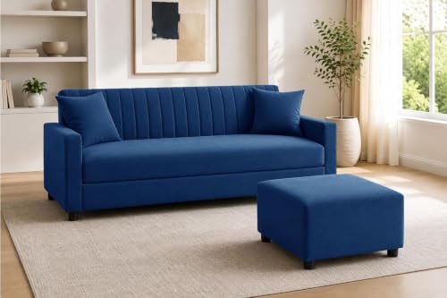 Image of Los Angeles Modern 3-Seater Wooden Sofa Set with Ottoman, Soft Velvet Upholstery, Comfortable Couch for Living Room, Office - Blue Color