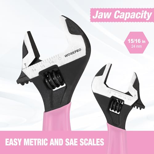 image for WORKPRO 6-Inch Pink Adjustable Wrench, Cr-V Steel, Wide Jaw Black Oxid