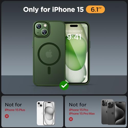 Image of Miracase Magnetic for iPhone 15 Case (Compatible with MagSafe)(with 2X Screen Protectors) Military-Grade Protection, Anti-Fingerprint Translucent Matte Phone Cover for iPhone 15 6.1 inch, Dark Green