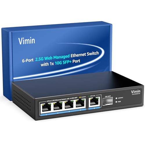 5 Port 2.5G Base-T Smart Web Ethernet Switch Managed with 10Gbps SFP Port, Compatible with 100/1000/2500Mbps Network, VIMIN 6-Port 2.5 Gigabit Managed Network Switch for 2.5G NAS, PC, Wireless AP