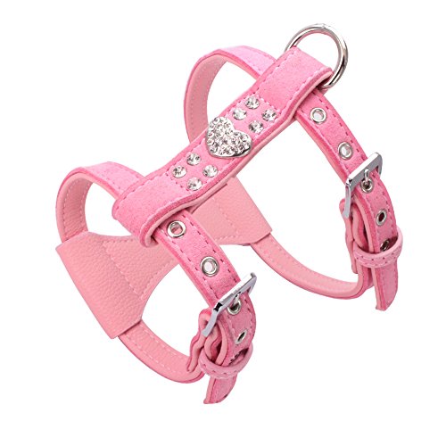Dogs Kingdom Suede Leather Pet Puppy Dogs Harness with Bling Heart Rhinestone Dog Safety Control Walk Harness Vest for Chihuahua Teacup Small Medium Dog Pet Pink L