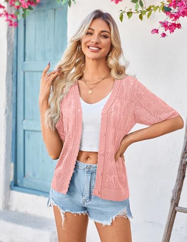 Image of Yekaty Womens 2026 Short Sleeve Crochet Summer Cardigan Cropped Button Sweater Lightweight Shrug for Dress