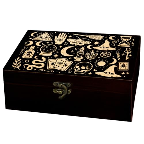 Image of arricraft 1 Pc Wooden Keepsake Storage Box, Mystical Witchcraft Divination Small Pattern Rectangle Pine Tarot Card Box for Anniversary Jewelry Board Storage 24x14x9cm (9.45x5.51x3.54 inches)
