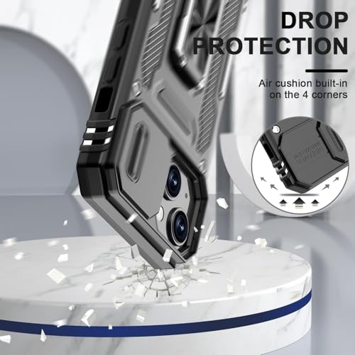 Image of ShieldTech Back Cover Case Compatible for Apple iPhone 15 with Slide Camera Cover & Rotated Ring Kickstand | Military Grade Mobile Phone Cover Case for Apple iPhone 15 (Black)