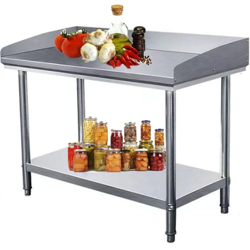 Tavolo da Lavoro Professionale in Acciaio Inox con Portata di 300 kg, banco da Lavoro Robusto con alzatina e ripiano Inferiore Regolabile per cucine, ristoranti e Servizi di Catering.