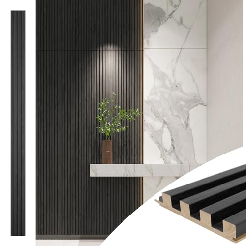 Art3d Slat Wood Wall Paneling for Interior and Ceiling Decoration - Pack of 4pcs + 1pc End-Trim, Size 108 x 5.7in.- Black