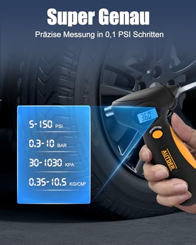 AUTDER 5-in-1 Digitaler Reifendruckprüfer mit LED-Arbeitslicht, Notfallhammer, Gurtschneider, Profiltiefenmesser und beleuchtetem LCD - Tragbar, Langlebig und Ergonomisch für Autos, Lastwagen, Gelb