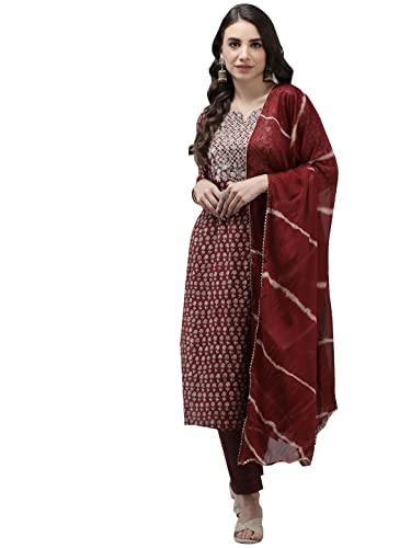 Image of ishin Women's Silk Blend Navy Blue Embroidered A-Line Kurta Trouser Dupatta Set