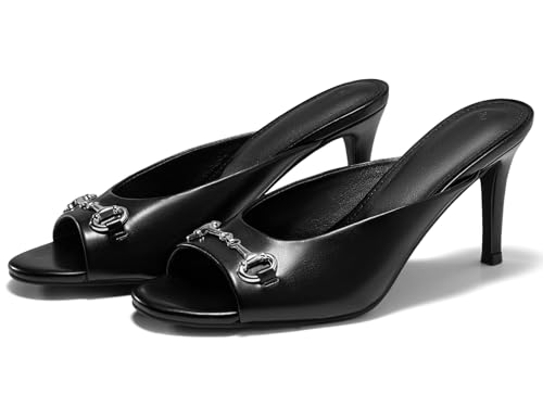Coutgo Womens Heeled Mules Peep Toe High Heels Backless Dress Shoes Summer Slide Sandals with Metal Chain, Black, size 9.5