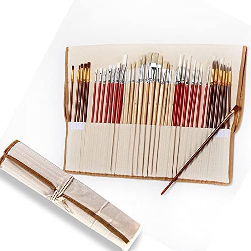 OLOTU Astuccio Set di 38 pennelli per Pittura con Custodia per Borsa in Tela Manico in Legno Forniture artistiche per Capelli Sintetici Lunghi per Acquerello Acrilico ad Olio Portatile