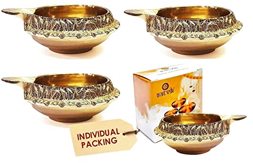 Image of SATVIK Set of 4 - Pure Brass Kuber Diya Oil Lamp for Pooja Home Temple Decor Small Brass Diya for Festival Prayer Diwali Decoration Traditional Metal Lamp