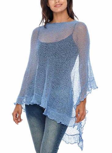 Image of SHU-SHI Women's Sheer Knit Poncho Shrug Lightweight Asymmetrical Ruffle Wrap Dressy Summer Shawl Cover Up Top