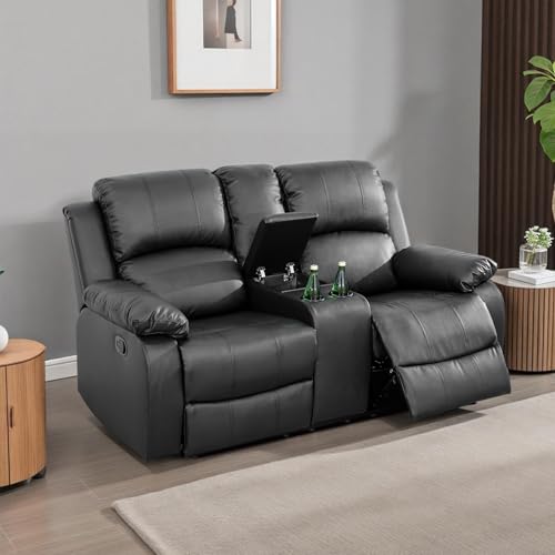 Caberryne Leather Recliner Sofa，Reclining Sofa Set for Living Room Furniture Sets，Black Double Recliner Loveseat for Living Room/Office/Theater Seating/Rv(2 Seater Couch)