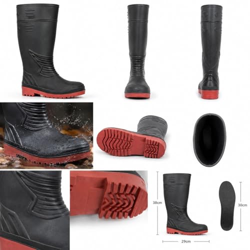 Image of Men's PVC Gumboot, Black with Red Anti-Slip Sole, 16 Inch, Water & Oil Resistant, Reinforced Toe, Labour Safety Boot