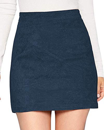 Image of MANGOPOP Women's Basic Faux Suede High Waist A-line Mini Pencil Bodycon Skirt (A03 Navy Blue, Medium)