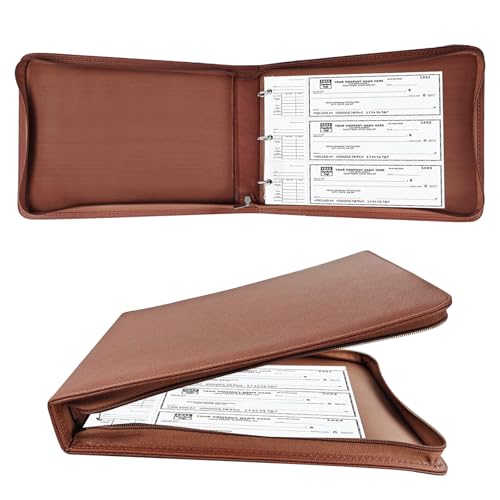 LLi Cufite 3 Rings Check Binder for End-Stub Deskbook Checks, Zipper Business Check Binder, 3 on a Page, Fit 3 & 9 Holes Check Faux Leather (Brown)