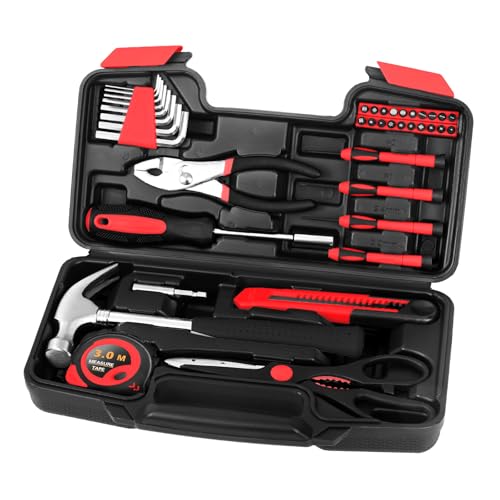 Image of 39-Piece Basic Household Tool Set, Red Hand Kit With Storage Case | Small Basic Home Tool Kit, Plastic Storage Toolbox, for Household Use, College Students, DIY Home Repair Projects