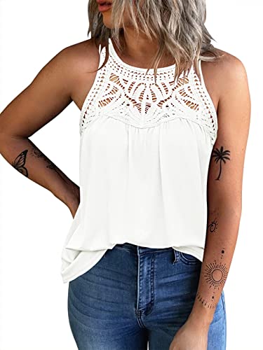 Faroro Women White Boho Lace Halter Neck Vest Tank Tops Casual Loose Fit Camisoles Blouse Sleeveless Hollow Out Shirts Summer Cami Tee For Beach #TOP22