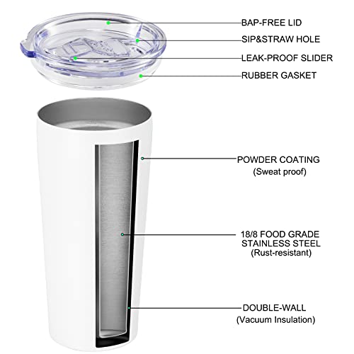Image of VEGOND 20oz Tumbler Bulk with Lid and Straw 12 Pack, Stainless Steel Vacuum Insulated Tumbler, Double Wall Coffee Cup Travel Mug, White