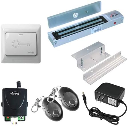 Visionis VIS-7466 One Door Access Control Inswinging Door 600lbs Electromagnetic Lock Kit with Wireless Receiver and Remote Magnetic Lock System with VIS-7030 White Push to Exit Button