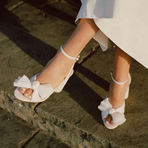 Lovee Cosee Women's Bow Knot Heeled Sandals Pleated Open Toe Ankle Strap Chunky Heels for Bride Wedding4