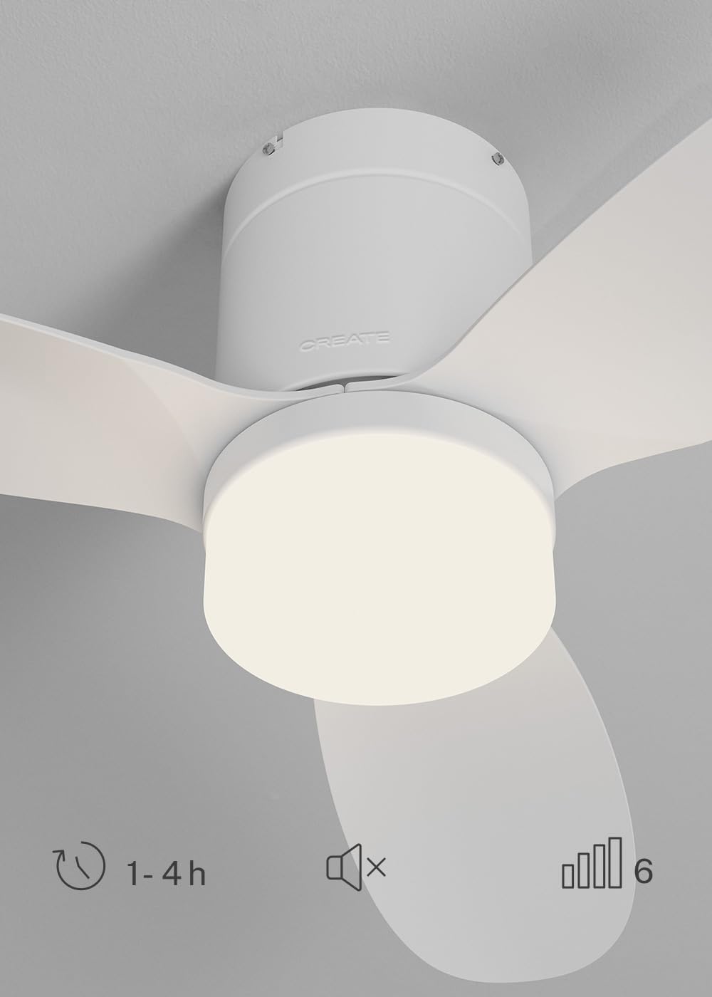 CREATE / WIND LITE/Ventilatore da soffitto con luce bianco con telecomando / 40W, Silenzioso, Ø132 cm, 6 velocità, programmabile, funzione estate-inverno, luce LED 3 temperature
