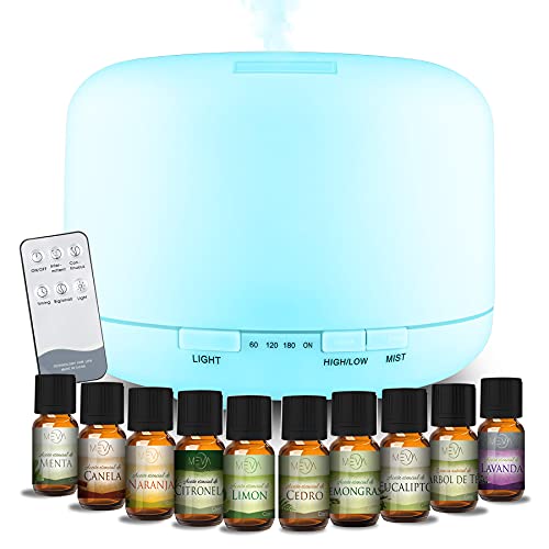Difusor aceites Esenciales MEVA 300ML (Pack de 10, 2 o sin esencias de Regalo a Elegir) ULTRASONICO, 7 Colores LED, humificador Aceite Esencial aromaterapia (10 Esencias) Cover