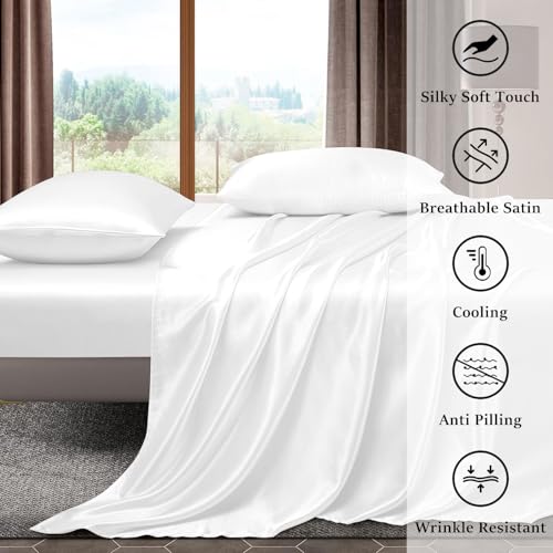 Image of Homestan Satin Bedsheet for King Size Bed with 2 Pillow Covers, Modern Bed Sheet for Romantic Nights(100x108 inches, White)