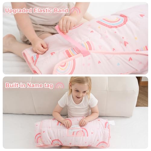 Image of Viviland Toddler Nap Mat with Pillow and Minky Dot Blanket, Large Thick Rolled Sleeping /Slumber Bags, Kids Girls Sleeping Mat for Preschool, Daycare, Kindergarten, Travel Camping- Pink Rainbow