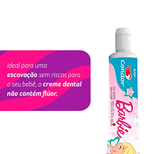Condor, Creme Dental Infantil, Baby, 0 a 2 anos, Barbie, Sem Flúor, Sabor Morango, 50G