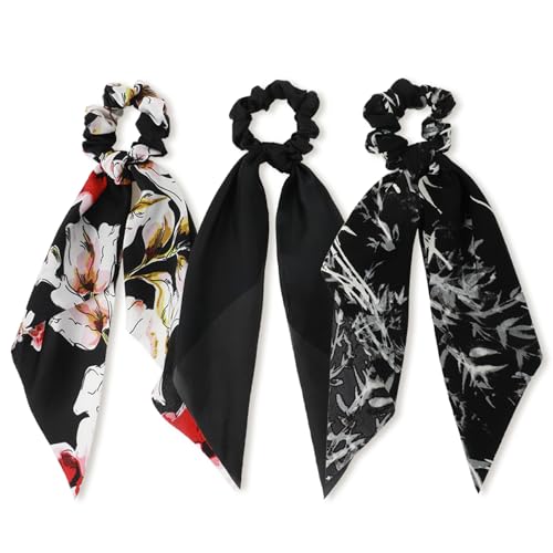 Ouligay 3 PCS Bow Hair Ribbons for Women Silk Hair Scrunchies and Ribbons Knotted Bow Hair Ties Elegant Satin Hair Ribbons Ponytail Holders Multicolored