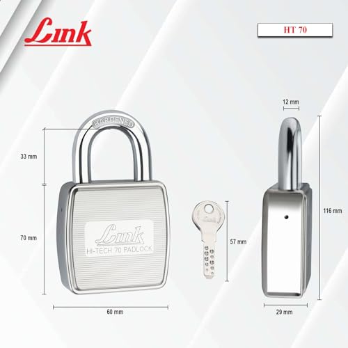 Image of Link Hi-Tech 70mm Padlock | Stainless Steel Body | Hardened Shackle | 1 Padlock | 3 Silver Keys with Hi-Tech Nickle | Made in India | 15 Years Warranty