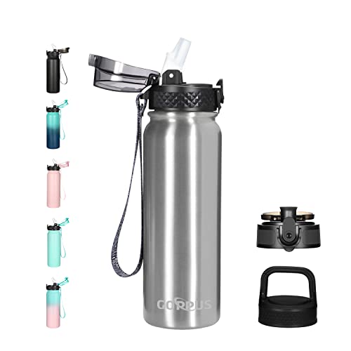 Stainless Steel Water Bottle Sports Flask Vacuum Insulated Bottle 600ML Water Bottle with Straw Double Walled and BPA Free Drinks Bottle 3 Lids for Work Gym Travel and Sports Stainless Steel