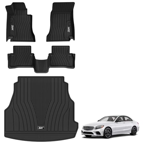 3W Floor Mats & Cargo Liner for Mercedes Benz C-Class 2022-2025 2026 C300/C43 AMG/C63 AMG S E (Fit Sedan Only) TPE All Weather 1st & 2nd Row Set Floor Liner for Benz C-Class Car Mats