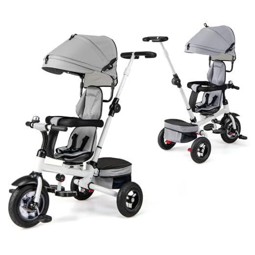 Costzon Baby Tricycle, 6-in-1 Foldable Steer Stroller, Learning Bike w/Detachable Guardrail, Adjustable Canopy, Safety Harness, Folding Pedal, Storage Bag, Brake, Shock Absorption Design (Gray)