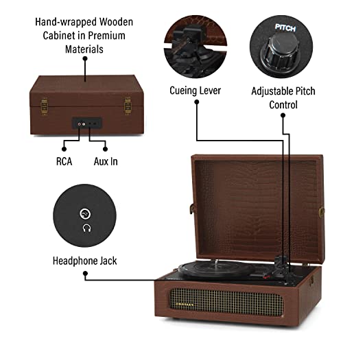 Image of Crosley CR8017B-BR Voyager Vintage Portable Vinyl Record Player Turntable with Bluetooth in /Out and Built-in Speakers, Brown Crocodile