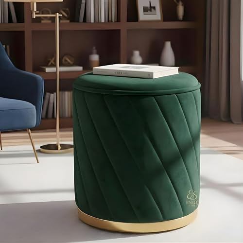 Image of Premium Velvet Ottoman Stool | Modern Round Pouffe with Gold Base | Multipurpose Seating | Living Room & Bedroom Decor (Green Set of 2)
