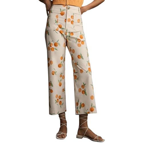 Womens Fruits Wide Leg Denim Pants Casual Loose Fruit Print Crop Capri Jeans Trousers for Work Office Streetwear