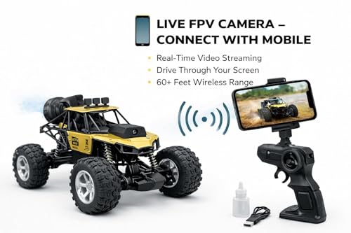 Image of Prime Brands Rock Crawler with HD Video Camera & Mobile App Control, 60+ Ft Range, Mist Spray Off-Road Truck, Rechargeable with Type-C Port, Shock Absorber All Terrain Toy Car with Gun Remote (Golden)