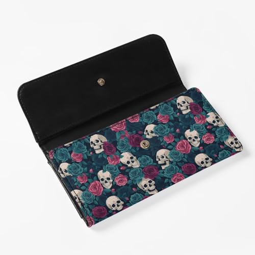 Image of AFPANQZ Women Wallet Soft Leather Designe, Skull Green Pink Rose RFID Blocking Large Capacity Shopping Outdoor Vintage Phone Holder Pockets