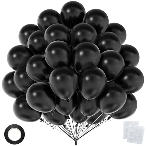 50pcs 12 Inch Matte Black Latex Balloons (with Ribbon & Adhesive Dots)