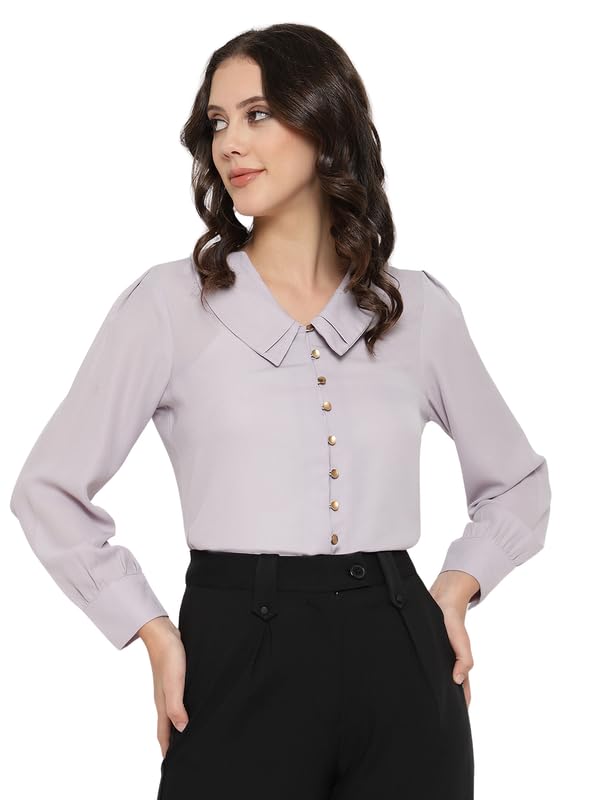Image of BEATNIK Womens Solid Color Fashion Full Sleeve Peter Pan Collar Woven Spring Summer Casual Loose T Shirts Tops