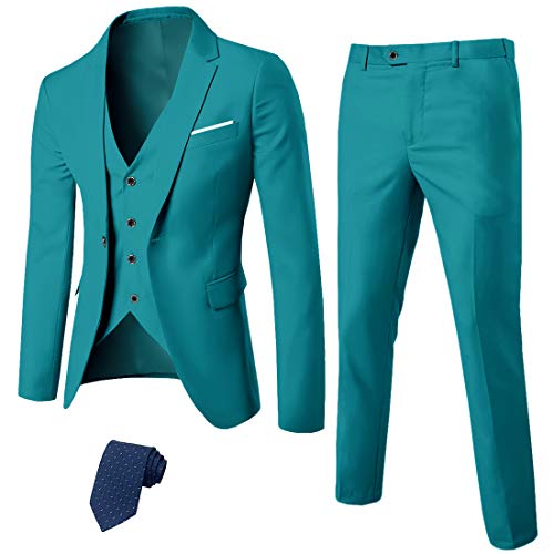 MYS Men s 3 Piece Slim Fit Suit Set, One Button Solid Jacket Vest Pants with Tie Green