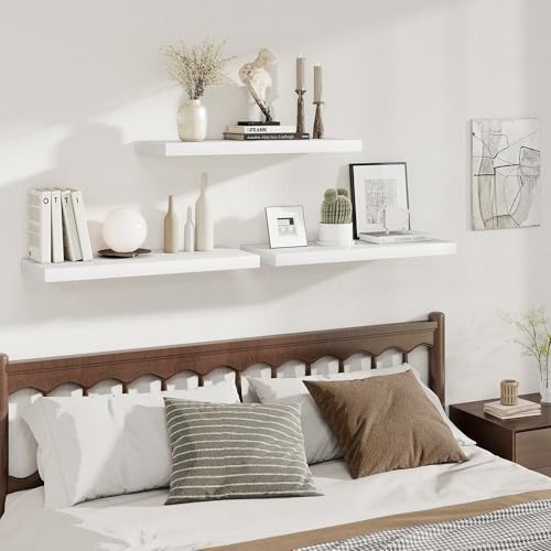 Image of Fun Memories Deep Floating Shelves, 32W x 12D White Wall Shelves, 32 Long Rustic Wood Wide Storage Shelves for Bedroom, Kitchen, Farmhouse, Laundry Room, Bedroom, Kitchen, Home Office- Set of 2