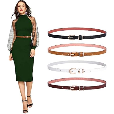 XIAOWU Set of 4 Skinny Ladies Waist Belt Retro PU Leather Jeans Belt Solid Color Fashion Thin Belt for Women with Gold Buckle Cover