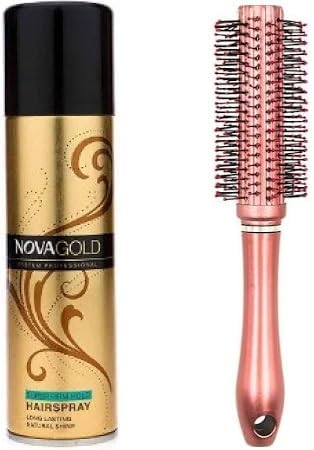 Nova Gold Hair Styling Set with Long-Lasting Hairspray 200ml and Rose Gold Round Brush with Soft Bristles